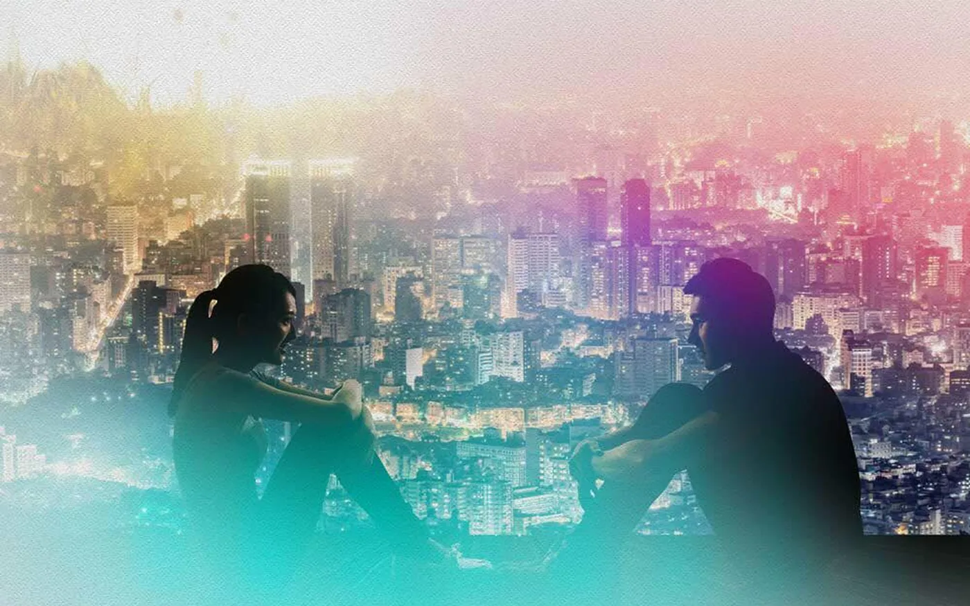 Stylized silhouette of a couple facing each other over a colorful city skyline